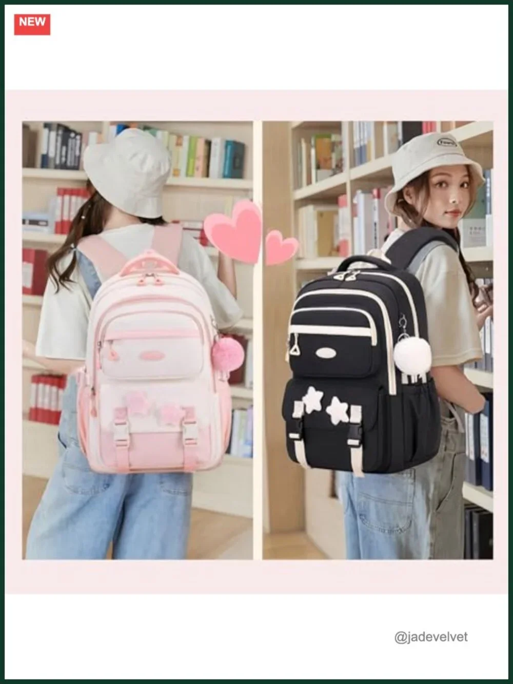 Nylon Girls Backpack for School with Star Pins and Furry Pendant